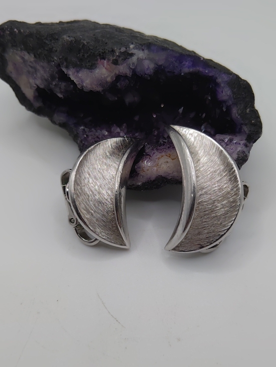 Crown Trifari Jewelry - Crown Trifari Brushed Silver Tone Half Moon Clip On Earrings
